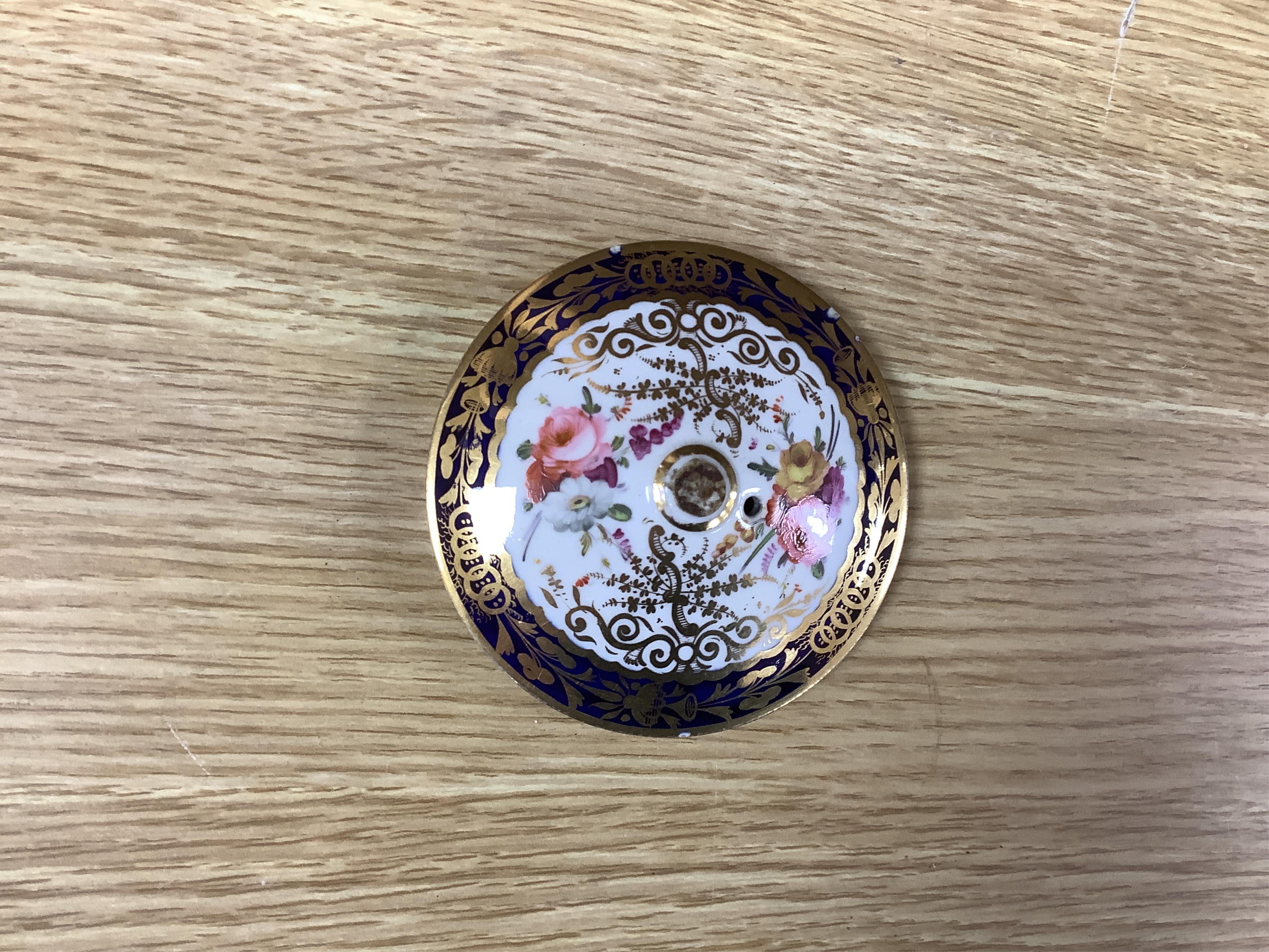 An English part teaset, c.1825 and six Royal Crown Derby coffee cans and saucers etc. Condition - some items cracked chipped and losses to gilding, teapot cover finial broken